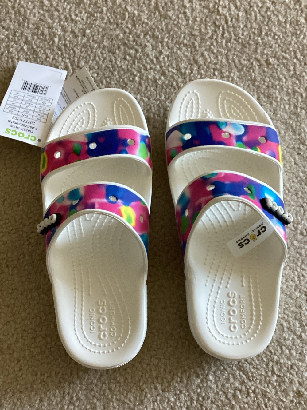 NWT CROCS White Slides with Multicolor Tie-Dye Straps - Picture 2 of 6